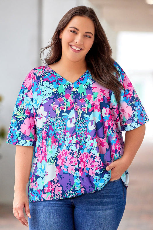 Floral Center Seam V-Neck Blouse - Blouses - FITGGINS