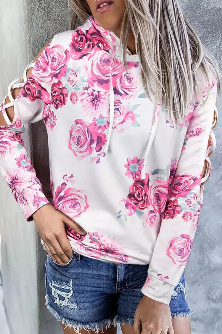 Floral Crisscross Drawstring Hoodie - Sweatshirts & Hoodies - FITGGINS