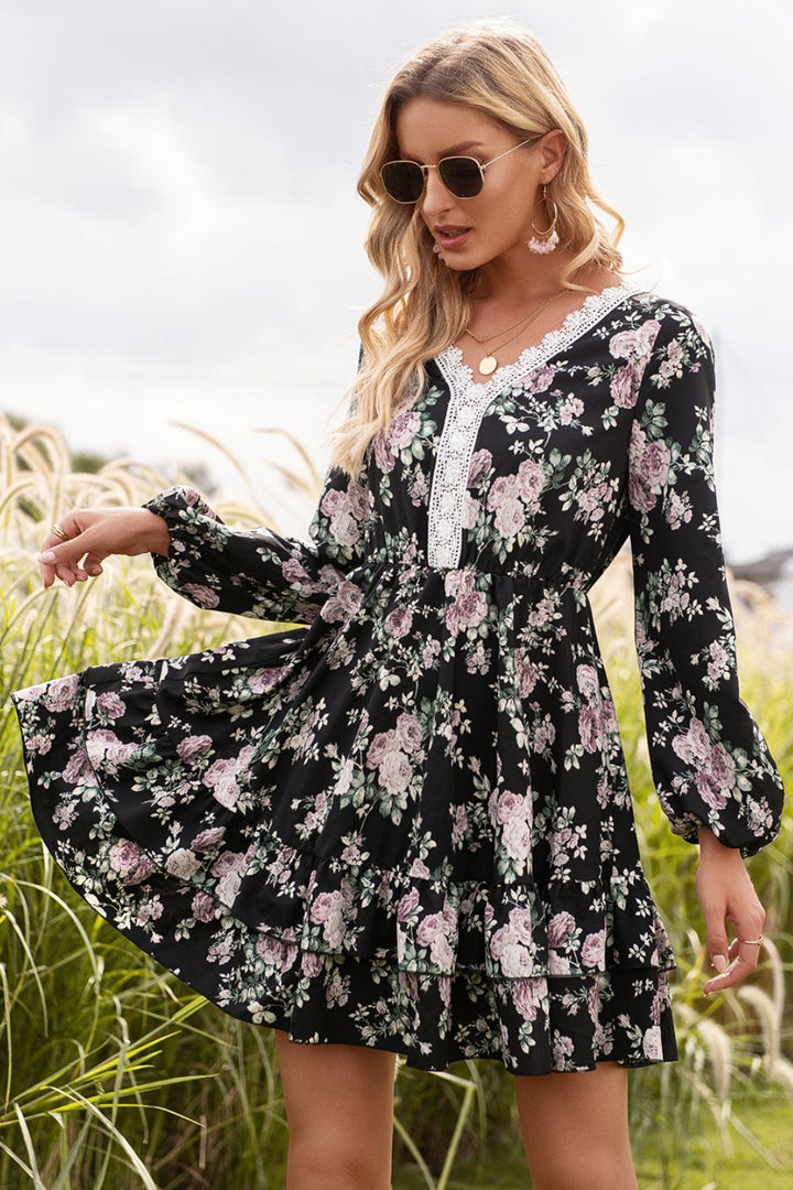 Floral Lace Trim Long Sleeve Dress - Casual & Maxi Dresses - FITGGINS