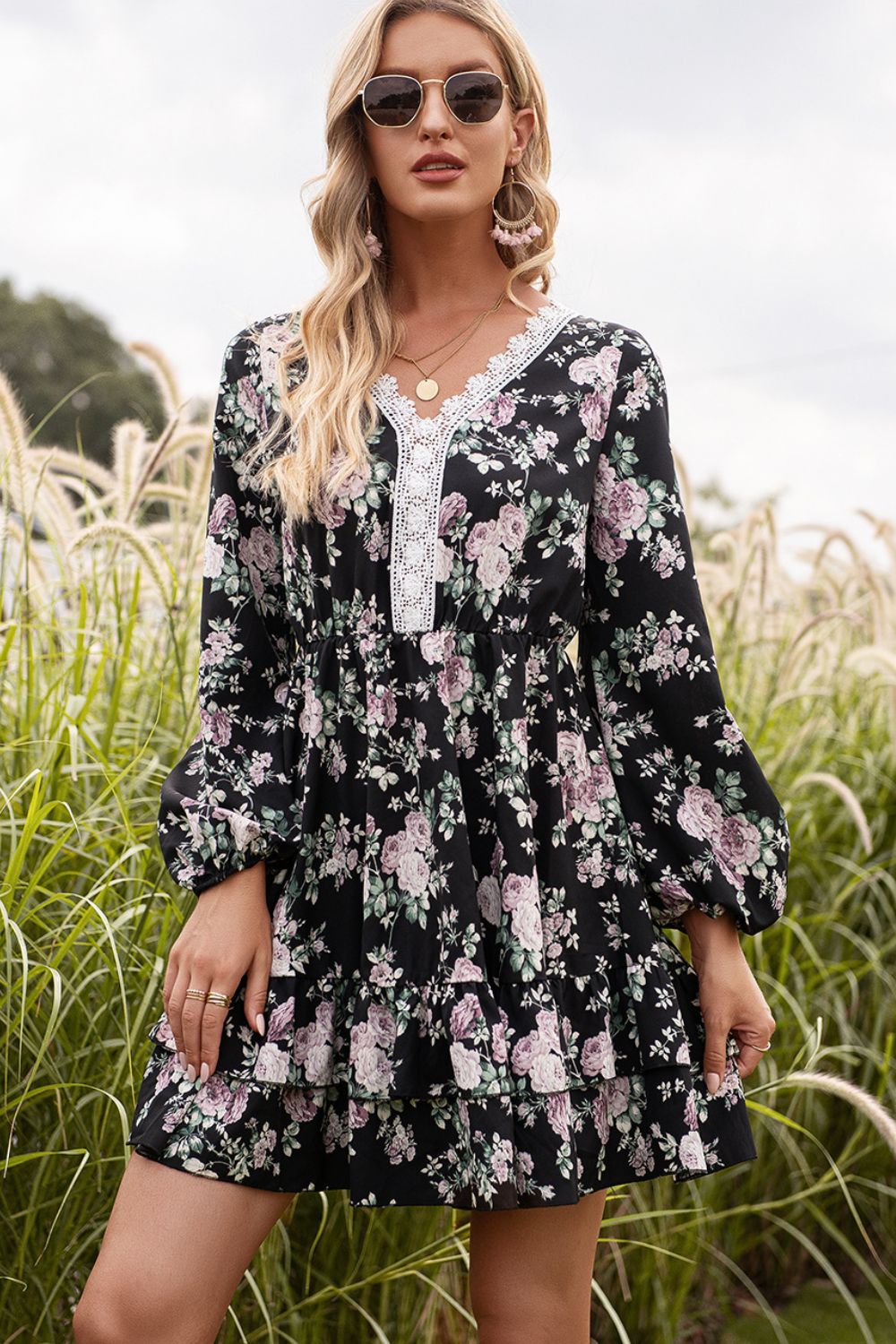 Floral Lace Trim Long Sleeve Dress - Casual & Maxi Dresses - FITGGINS