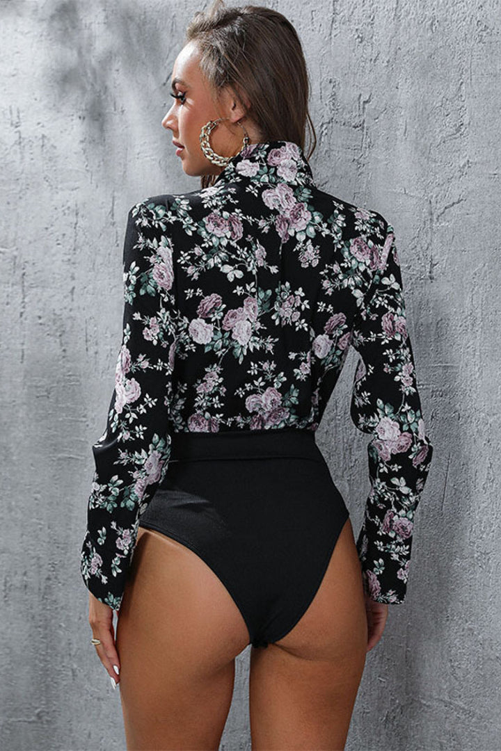 Floral Lapel Collar Spliced Bodysuit - Bodysuits - FITGGINS