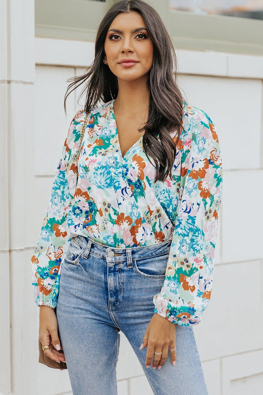 Floral Long Balloon Sleeve Bodysuit - Blouses - FITGGINS