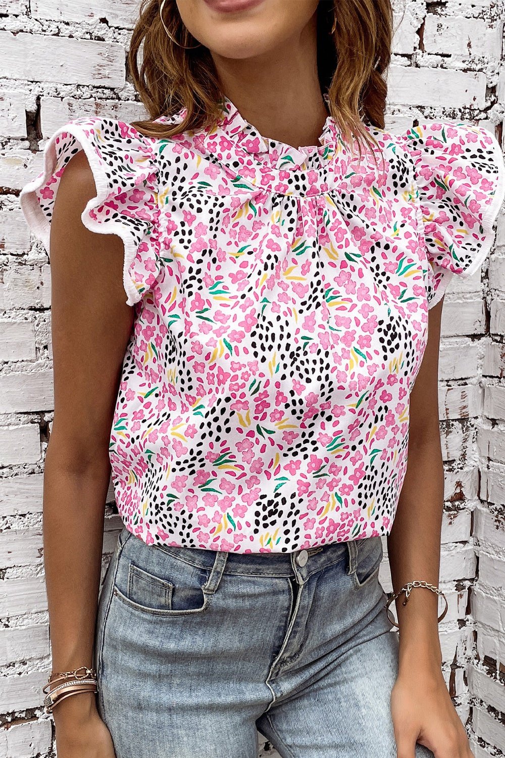 Floral Mock Neck Short Sleeve Blouse - Blouses - FITGGINS