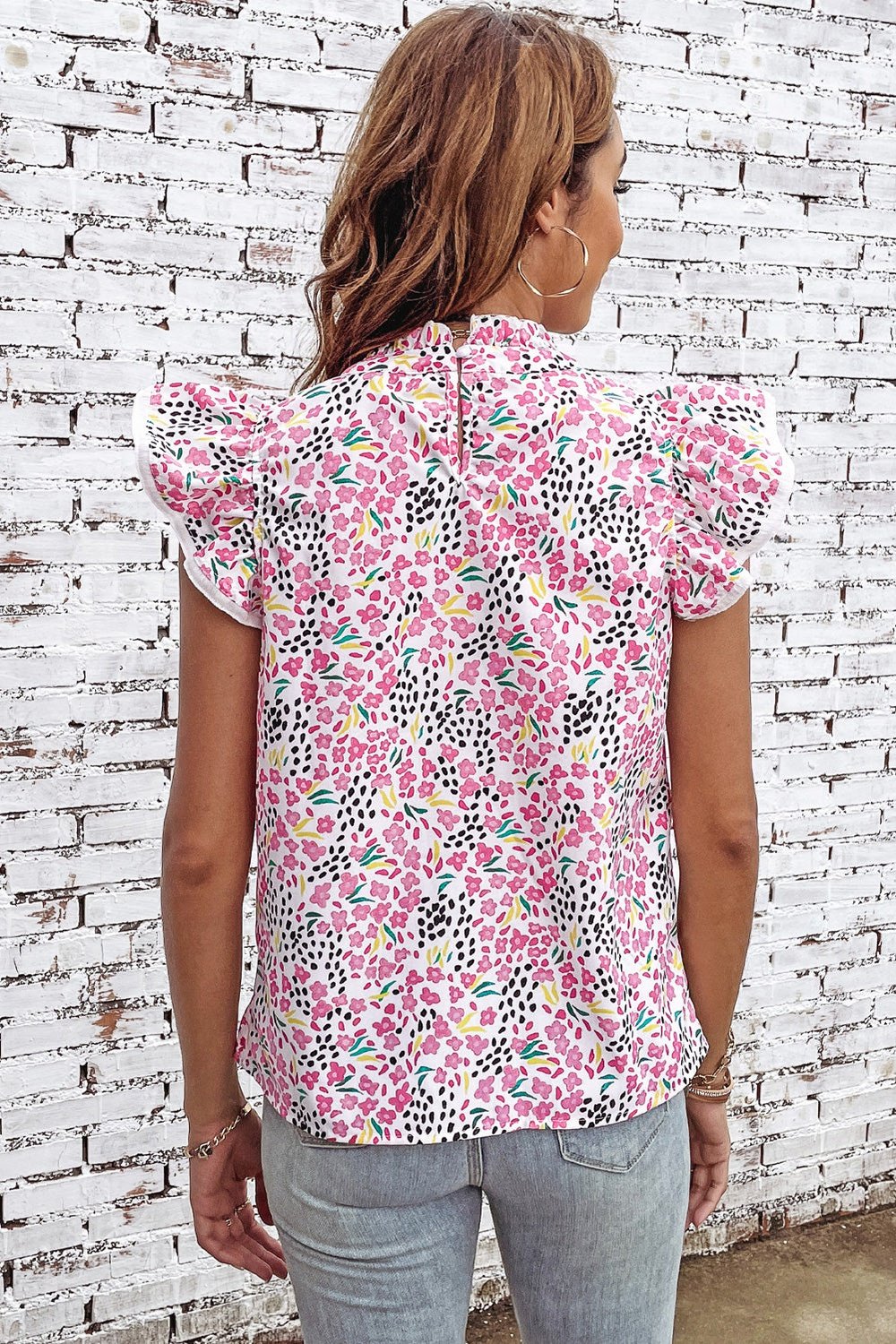 Floral Mock Neck Short Sleeve Blouse - Blouses - FITGGINS