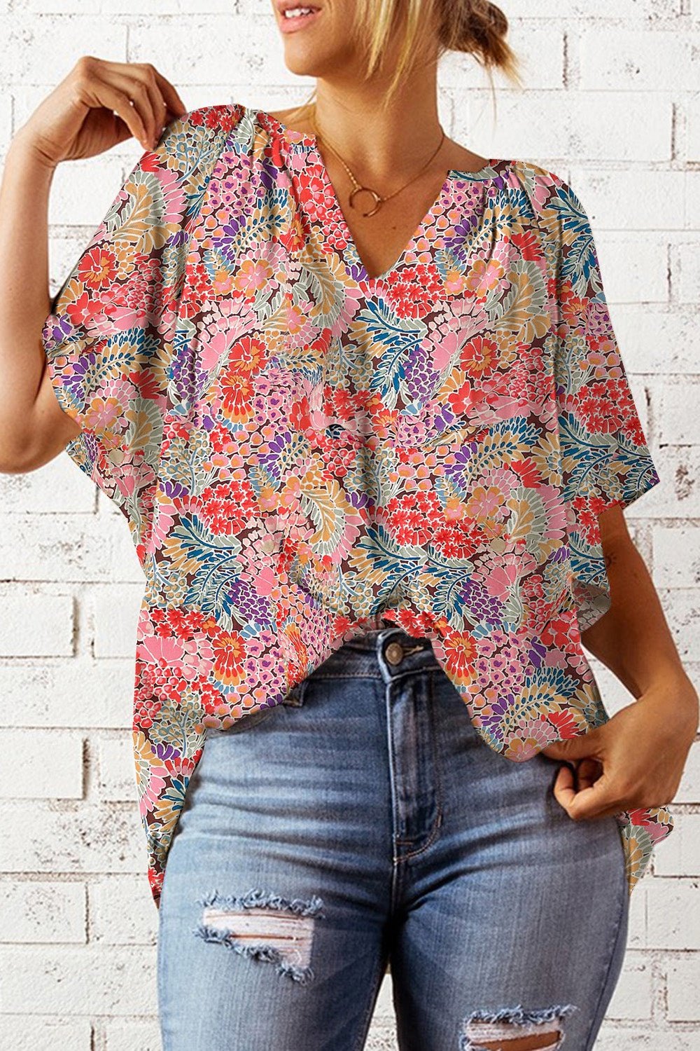 Floral Notched Neck Flutter Sleeve Blouse - Blouses - FITGGINS