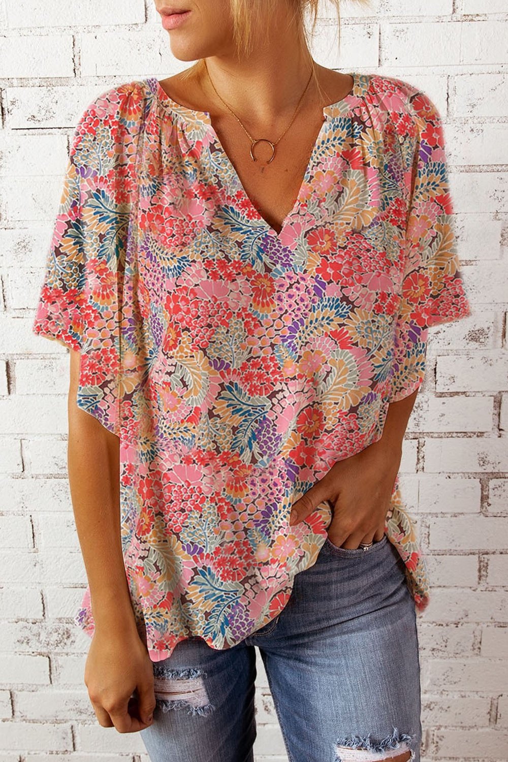 Floral Notched Neck Flutter Sleeve Blouse - Blouses - FITGGINS