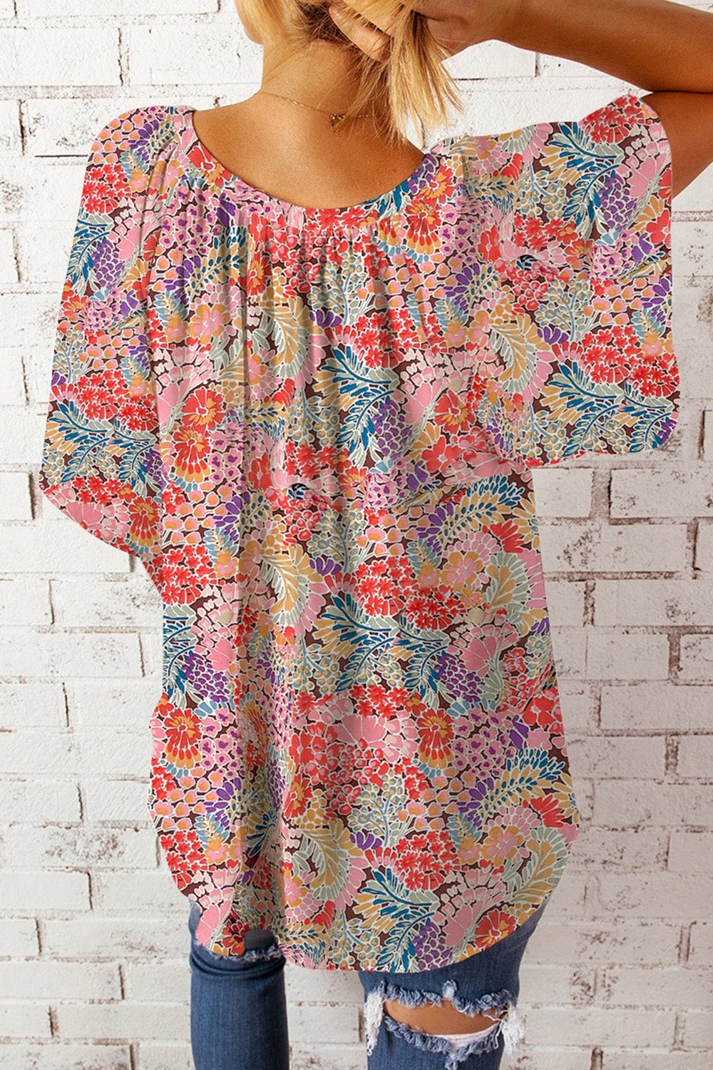 Floral Notched Neck Flutter Sleeve Blouse - Blouses - FITGGINS