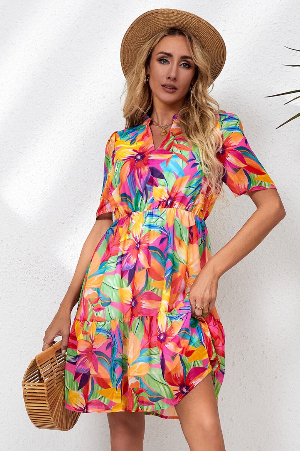 Floral Notched Neck Short Sleeve Dress - Casual & Maxi Dresses - FITGGINS