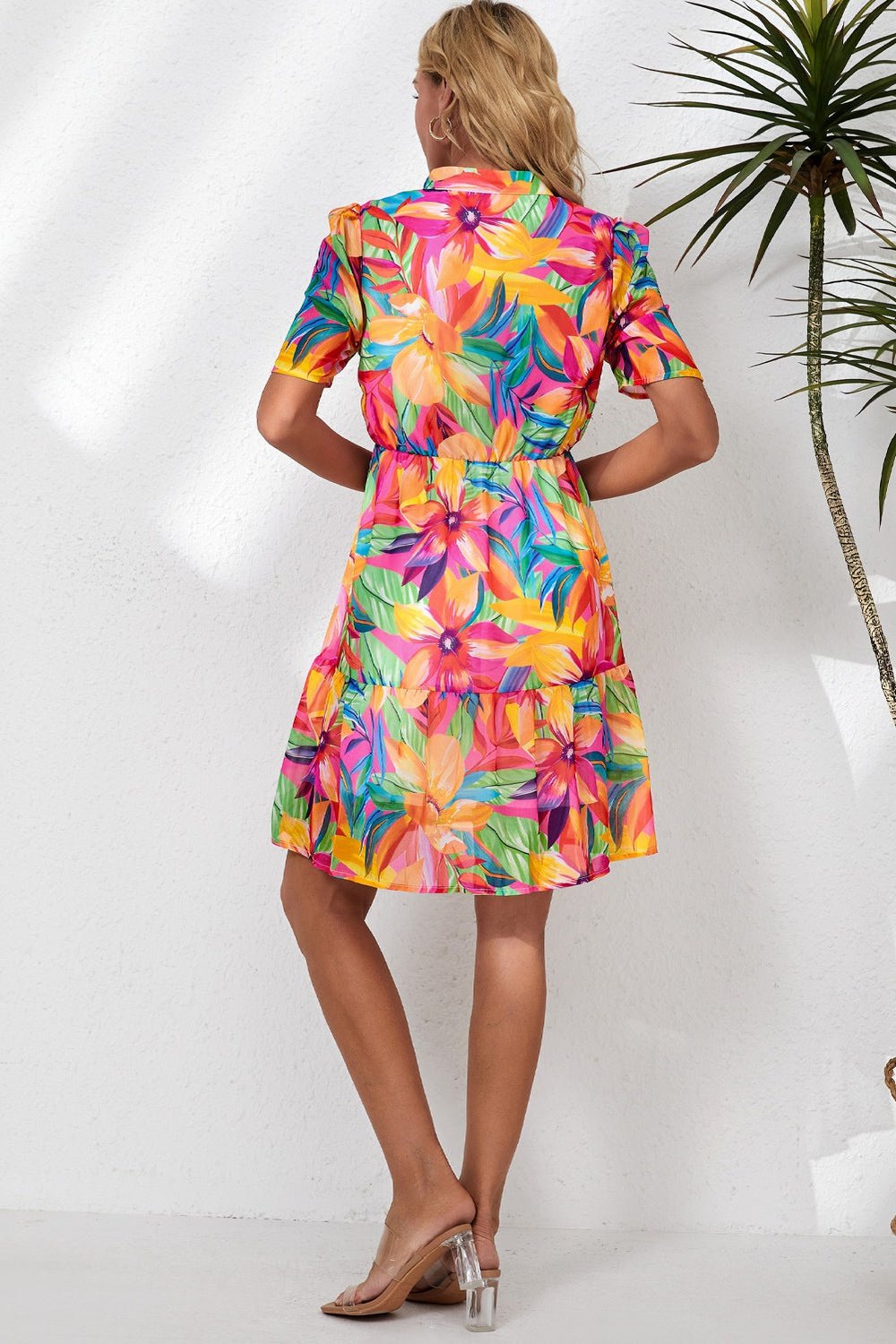 Floral Notched Neck Short Sleeve Dress - Casual & Maxi Dresses - FITGGINS