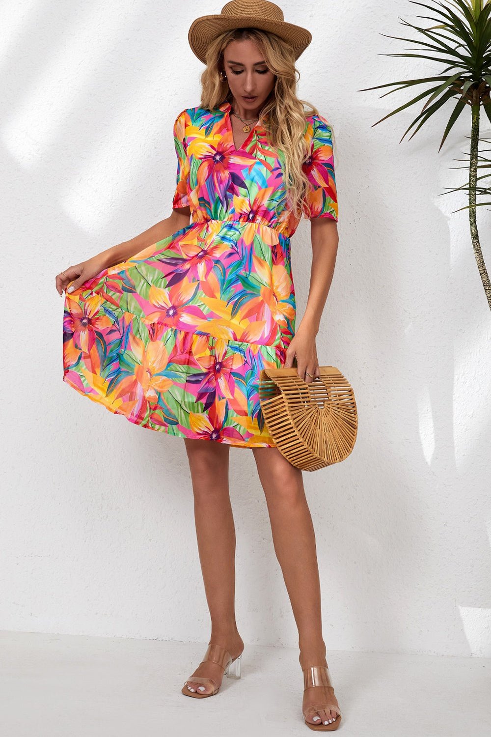 Floral Notched Neck Short Sleeve Dress - Casual & Maxi Dresses - FITGGINS