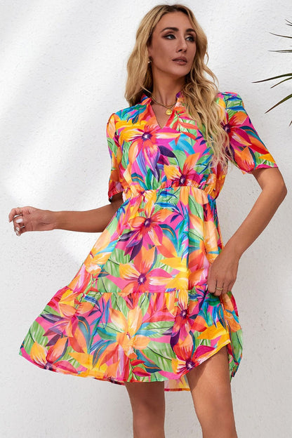 Floral Notched Neck Short Sleeve Dress - Casual & Maxi Dresses - FITGGINS