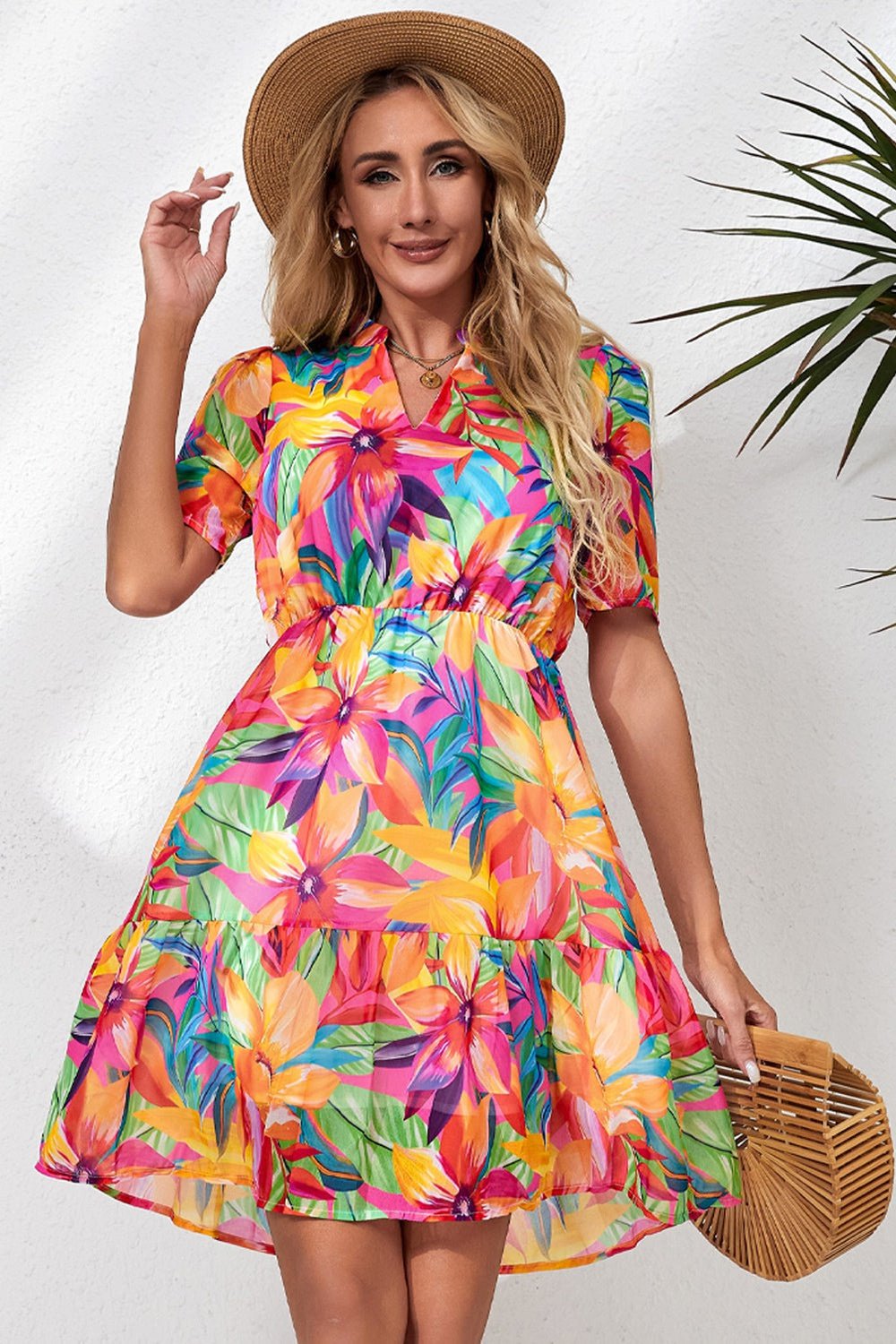 Floral Notched Neck Short Sleeve Dress - Casual & Maxi Dresses - FITGGINS