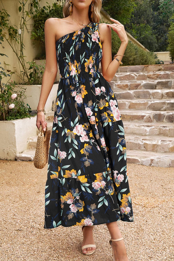 Floral One-Shoulder Sleeveless Dress with Pockets - Casual & Maxi Dresses - FITGGINS