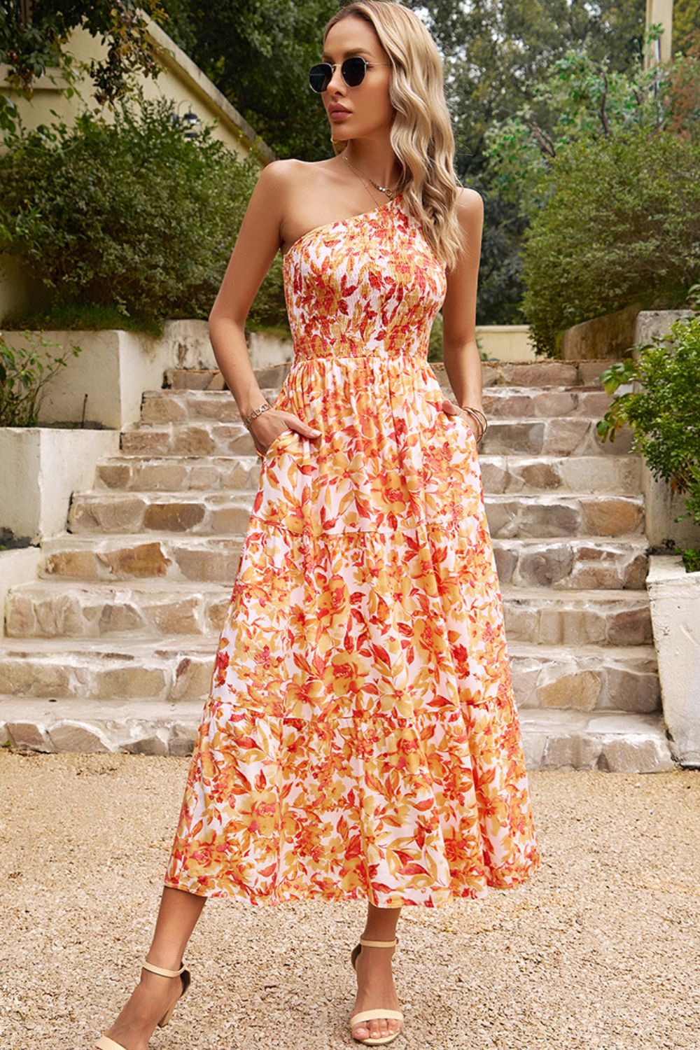 Floral One-Shoulder Sleeveless Dress with Pockets - Casual & Maxi Dresses - FITGGINS