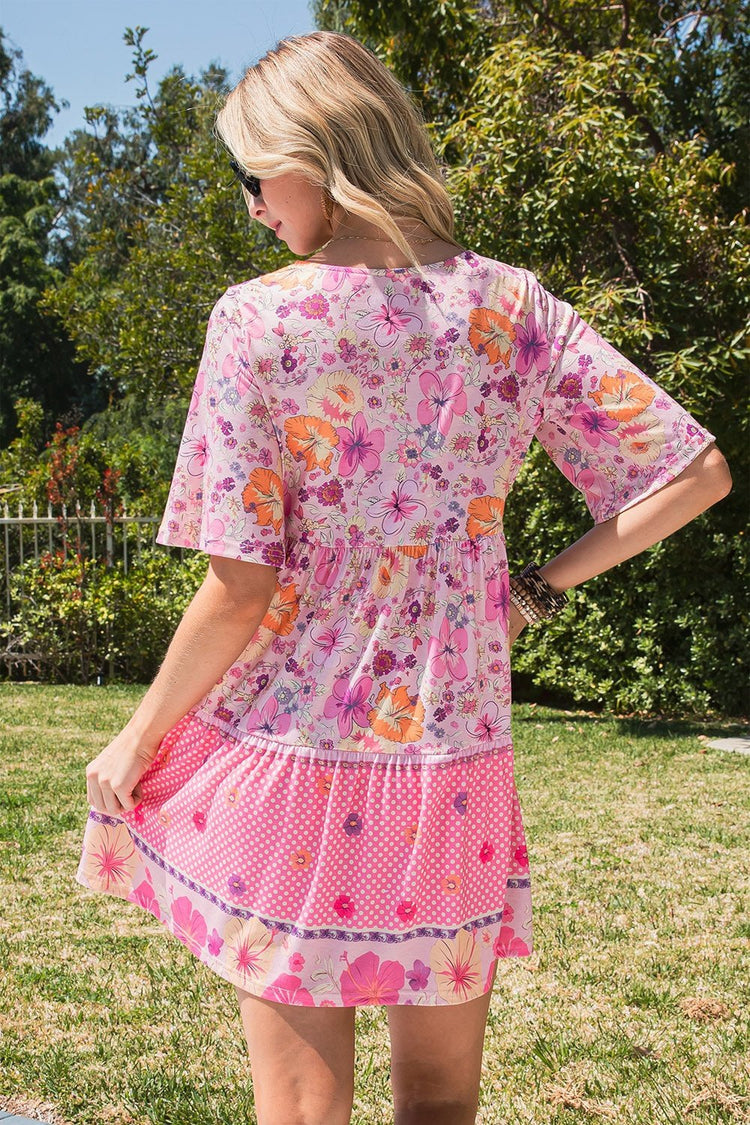 Floral Polka Dot Buttoned Mini Dress