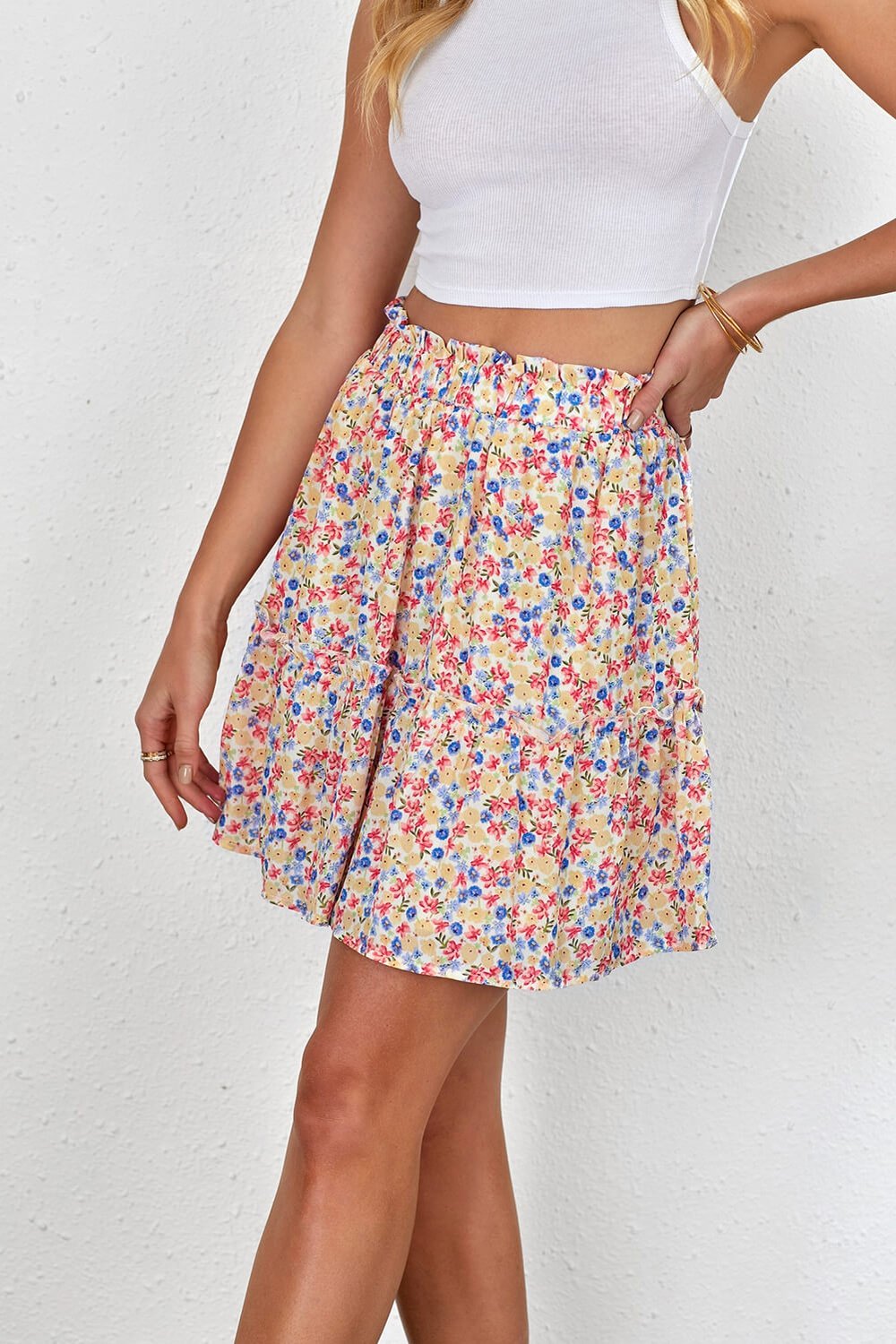 Floral Print Elastic Waist Skirt - Skirts - FITGGINS