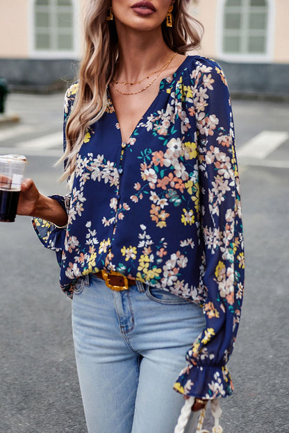 Floral Print Flounce Sleeve Blouse - Blouses - FITGGINS