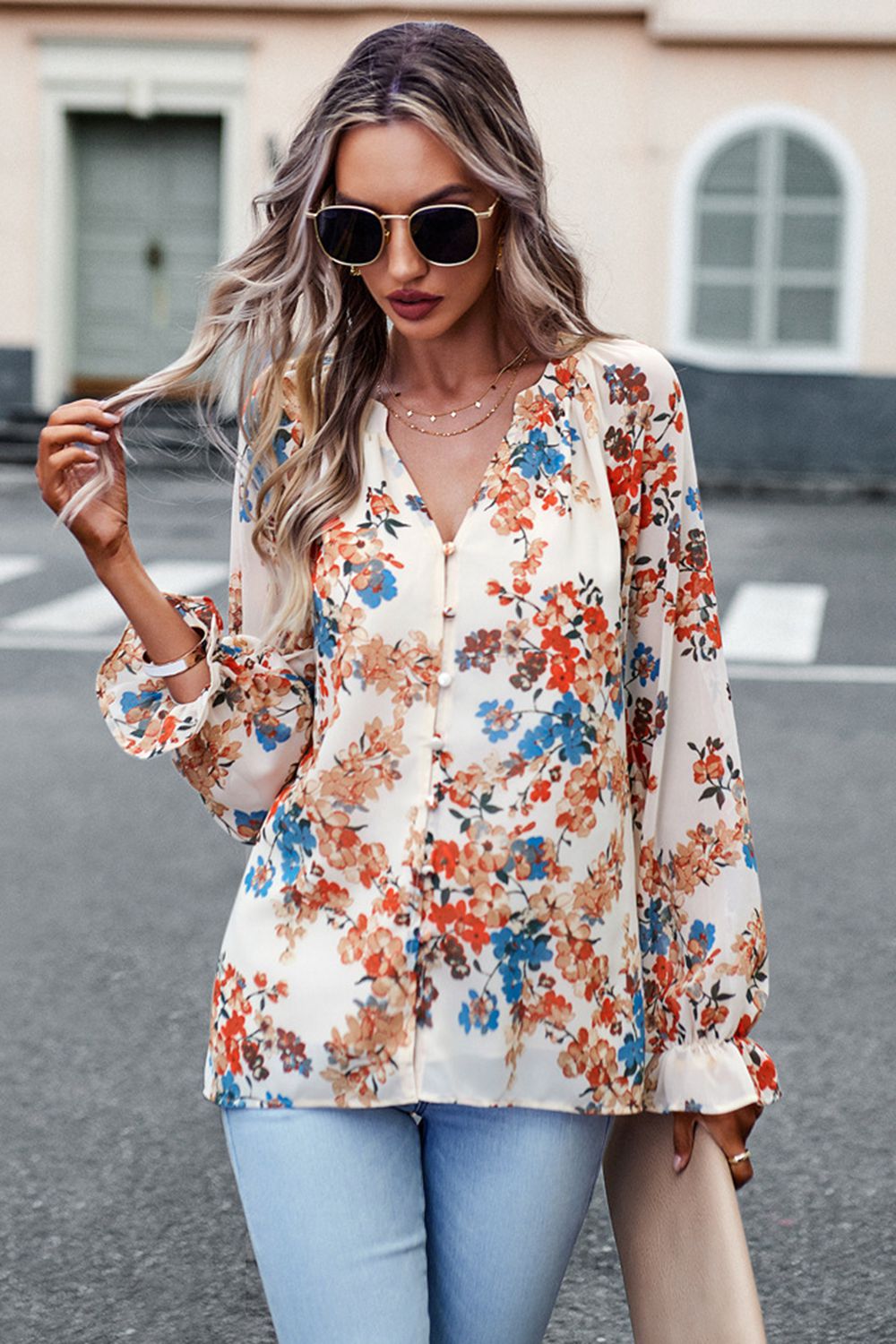 Floral Print Flounce Sleeve Blouse - Blouses - FITGGINS