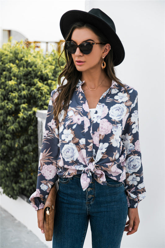 Floral Print Mock Neck Button Front Shirt - Shirts - FITGGINS