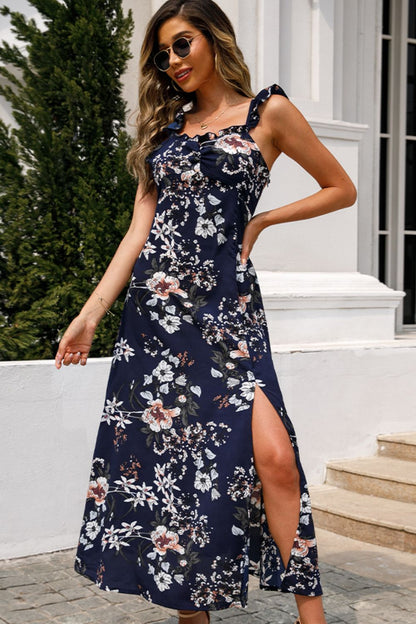 Floral Print Sleeveless Square Neck Slit Midi Dress - Casual & Maxi Dresses - FITGGINS