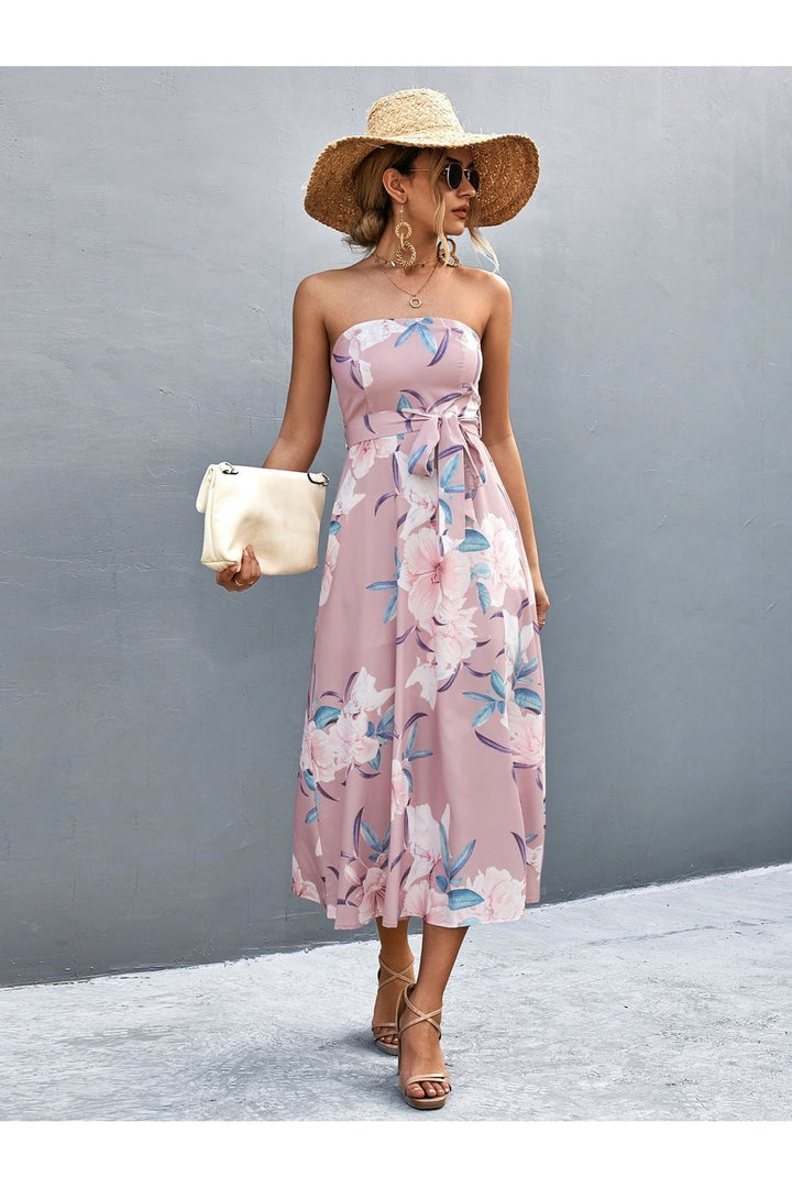 Floral Print Tie Waist Straight Neck Midi Dress - Casual & Maxi Dresses - FITGGINS