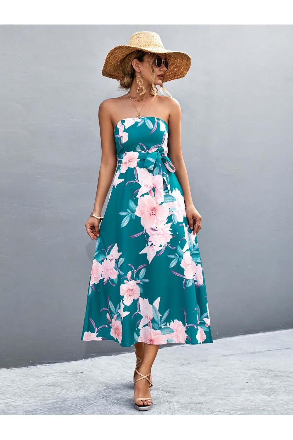 Floral Print Tie Waist Straight Neck Midi Dress - Casual & Maxi Dresses - FITGGINS