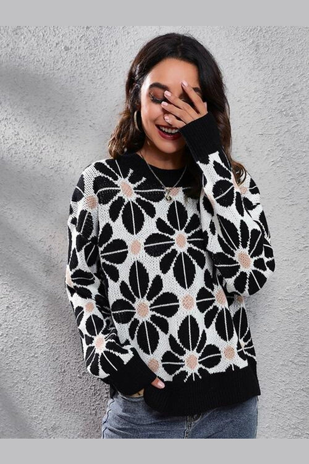 Floral Round Neck Long Sleeve Sweater - Pullover Sweaters - FITGGINS