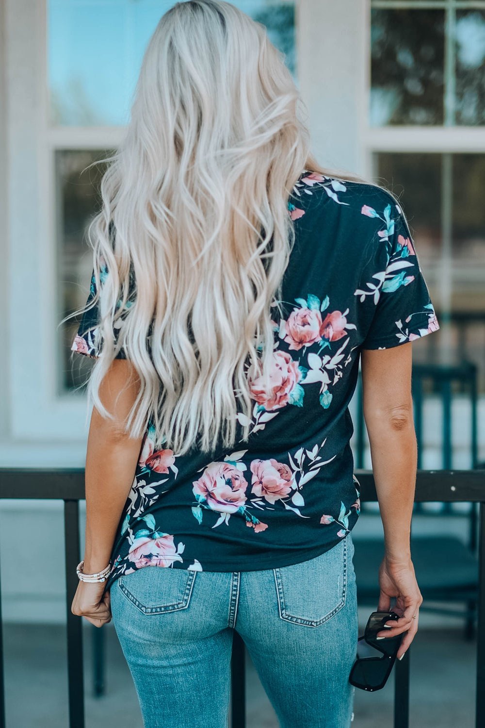 Floral Round Neck Short Sleeve Tee - T-Shirts - FITGGINS
