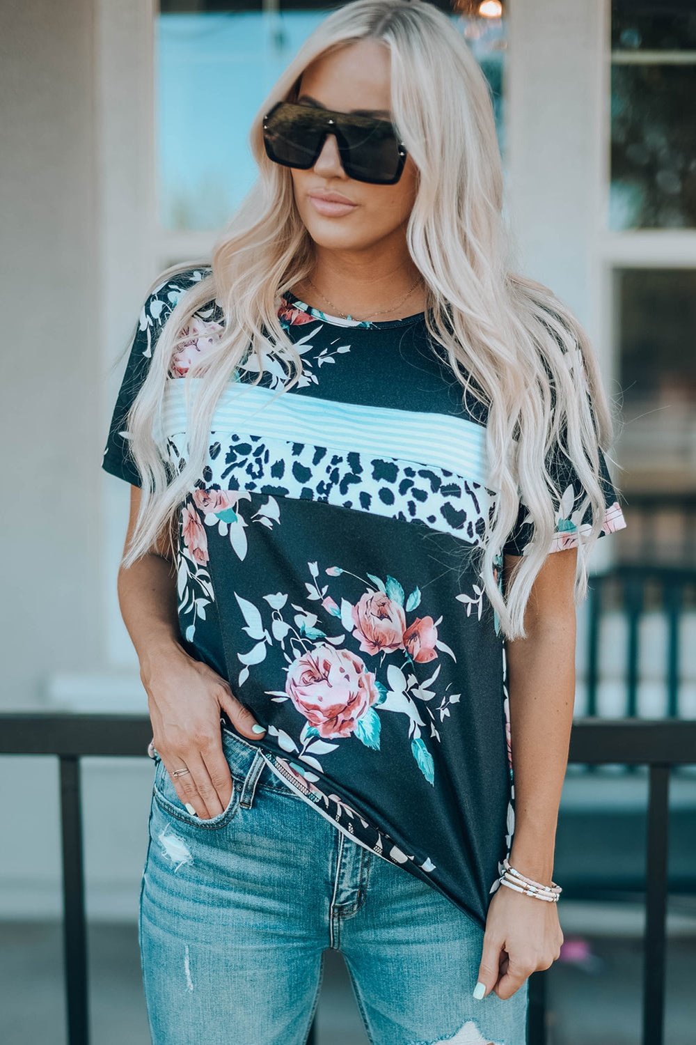 Floral Round Neck Short Sleeve Tee - T-Shirts - FITGGINS