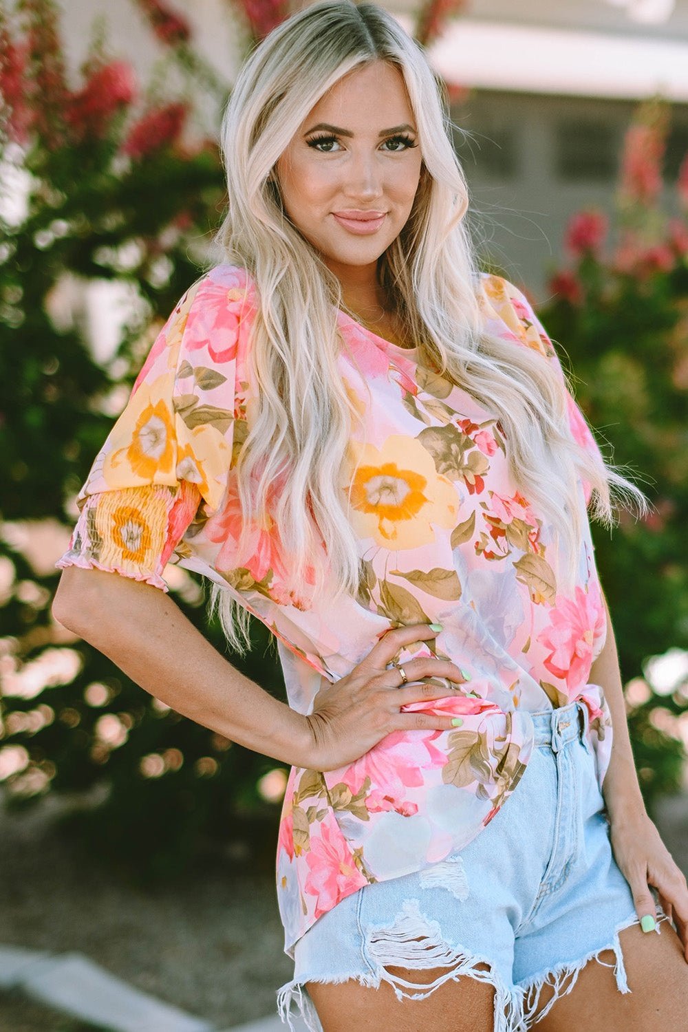 Floral Round Neck Three-Quarter Sleeve Top - Blouses - FITGGINS