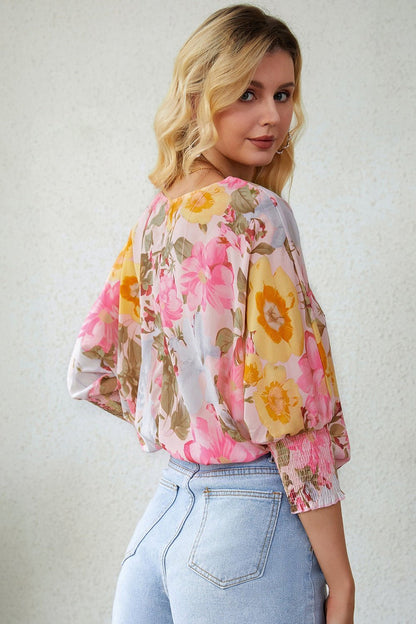 Floral Round Neck Three-Quarter Sleeve Top - Blouses - FITGGINS