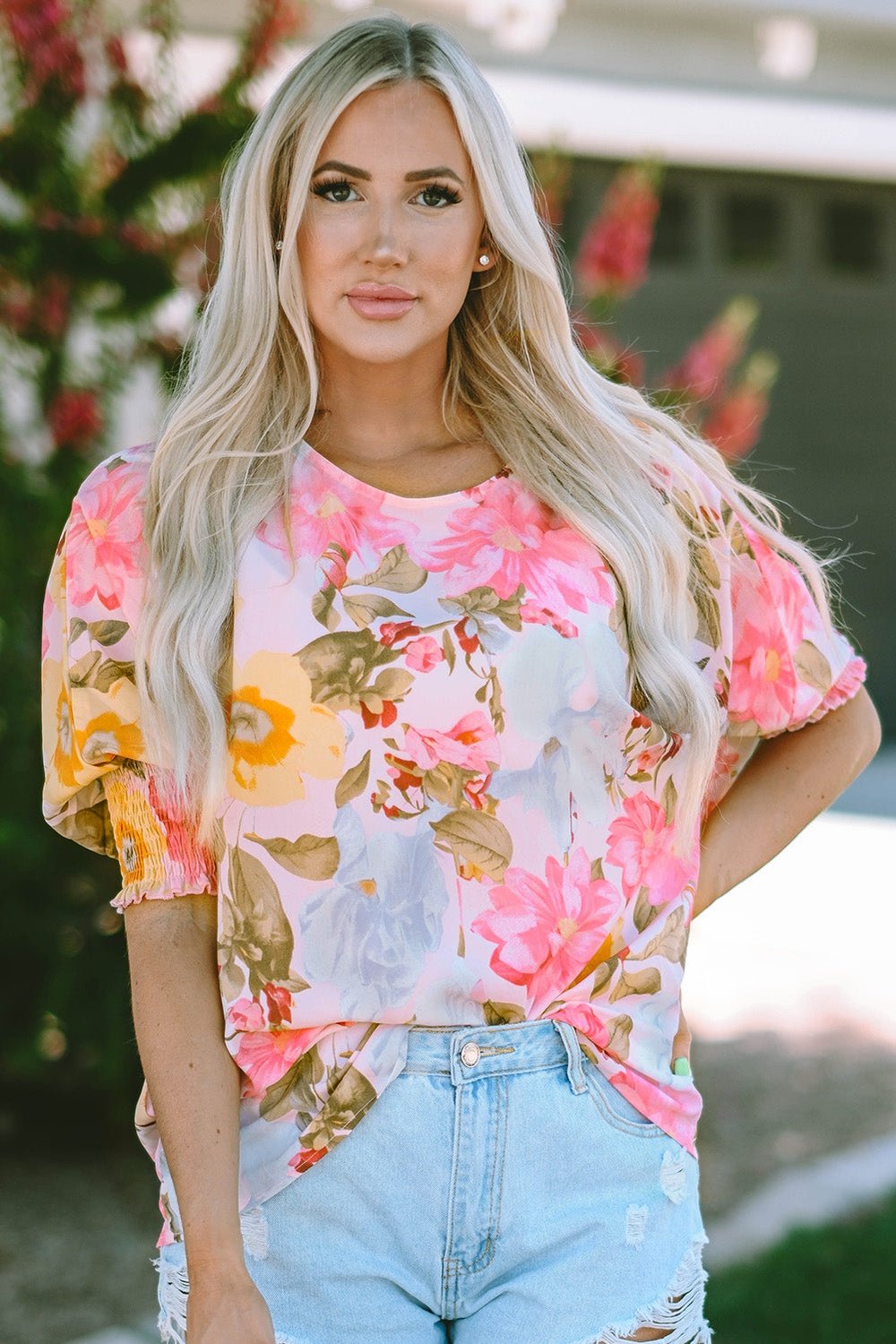 Floral Round Neck Three-Quarter Sleeve Top - Blouses - FITGGINS