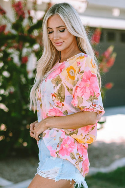 Floral Round Neck Three-Quarter Sleeve Top - Blouses - FITGGINS