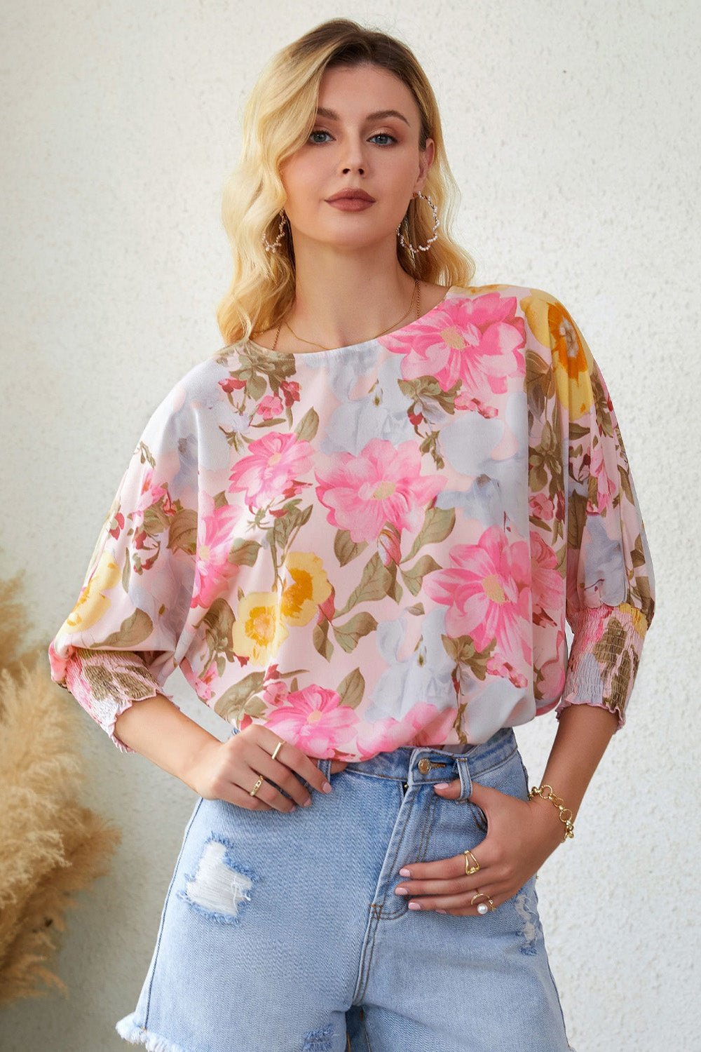 Floral Round Neck Three-Quarter Sleeve Top - Blouses - FITGGINS