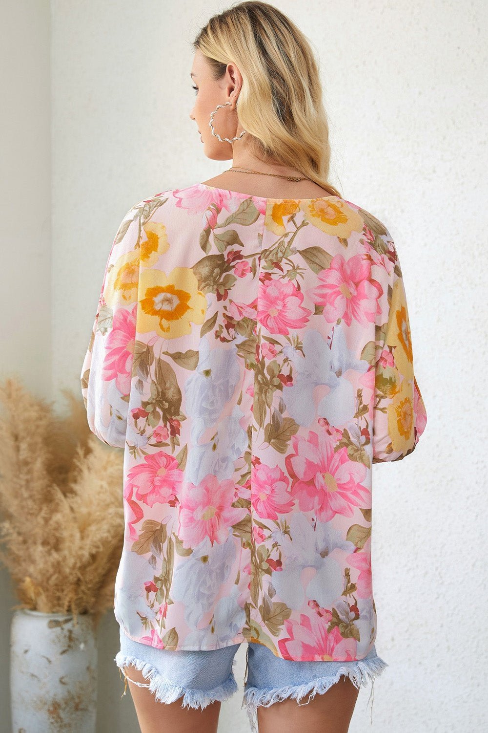 Floral Round Neck Three-Quarter Sleeve Top - Blouses - FITGGINS