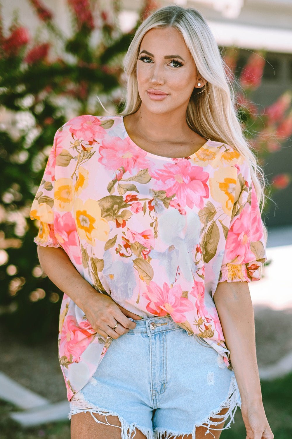 Floral Round Neck Three-Quarter Sleeve Top - Blouses - FITGGINS