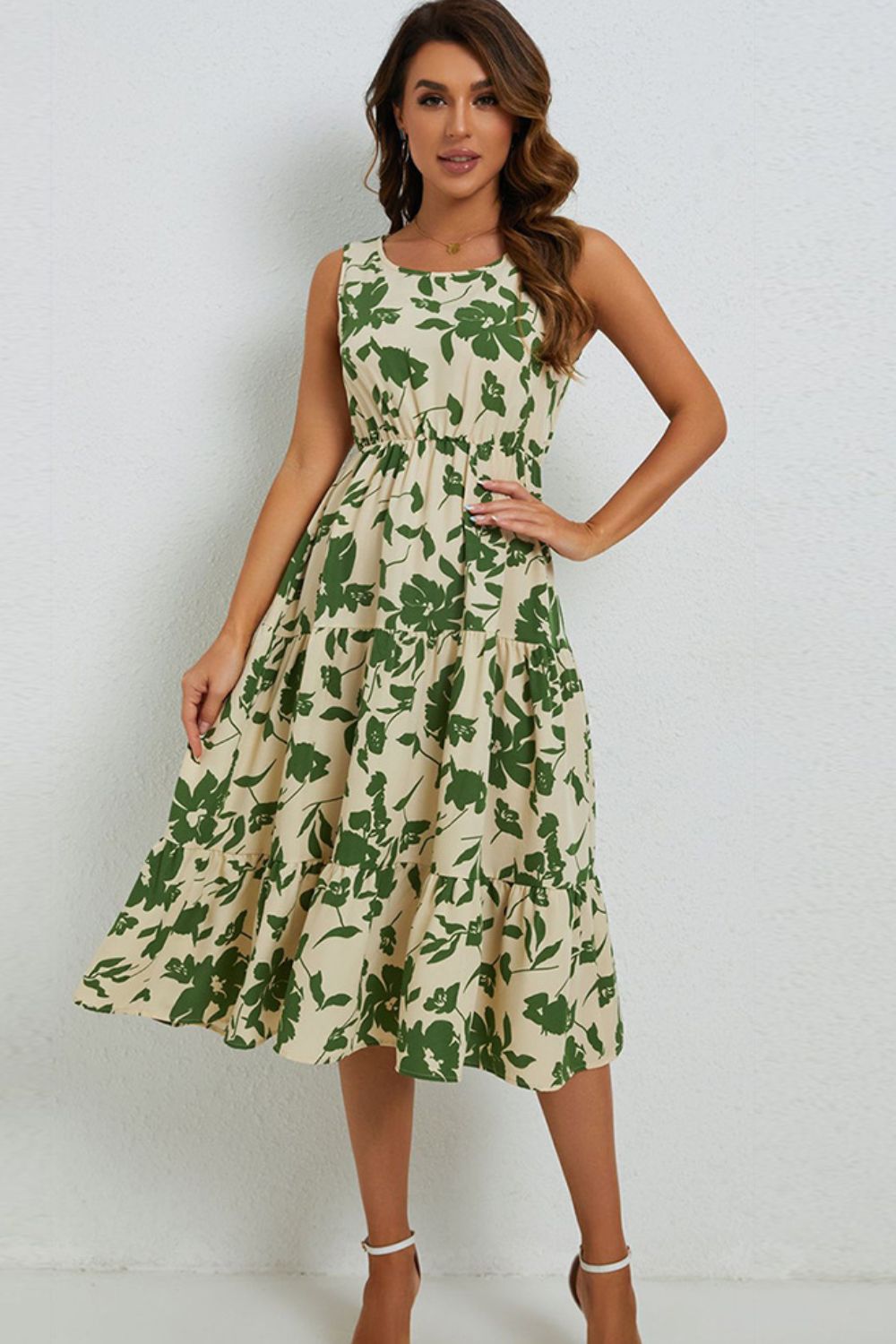 Floral Round Neck Tiered Sleeveless Dress - Casual & Maxi Dresses - FITGGINS