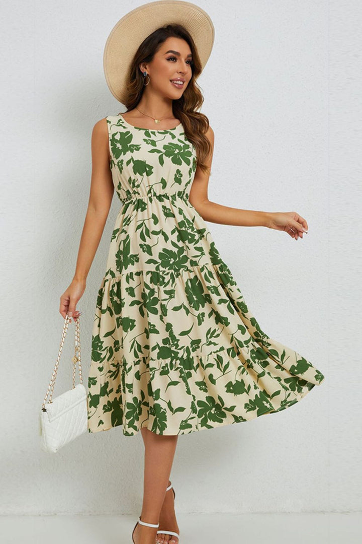 Floral Round Neck Tiered Sleeveless Dress - Casual & Maxi Dresses - FITGGINS
