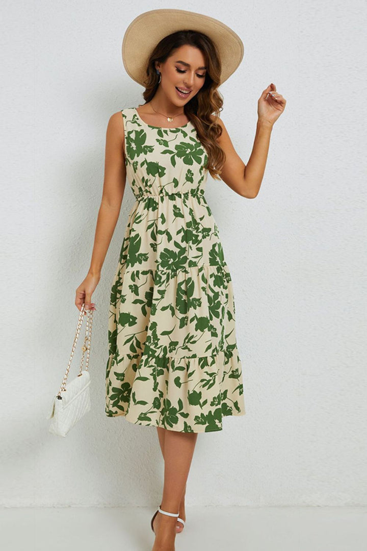 Floral Round Neck Tiered Sleeveless Dress - Casual & Maxi Dresses - FITGGINS
