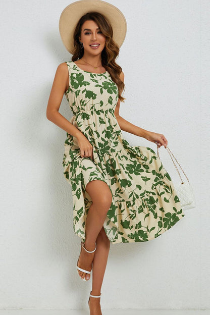 Floral Round Neck Tiered Sleeveless Dress - Casual & Maxi Dresses - FITGGINS