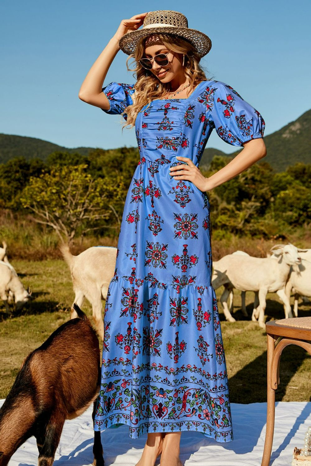 Floral Ruched Puff Sleeve Tiered Maxi Dress - Casual & Maxi Dresses - FITGGINS