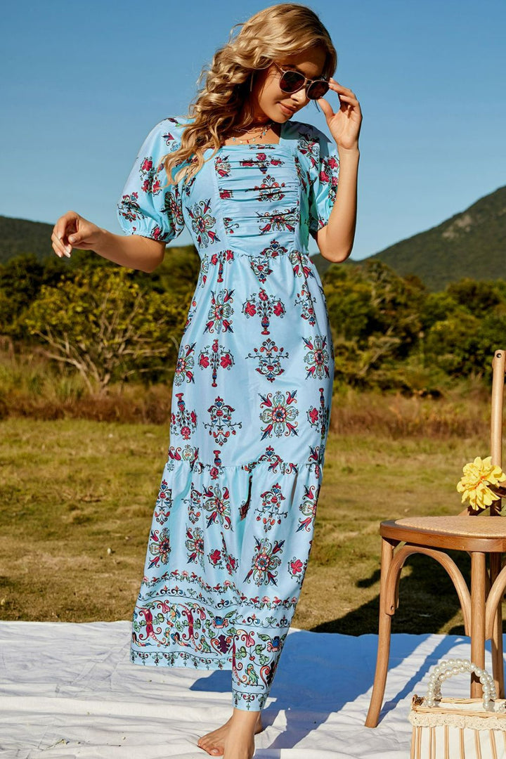 Floral Ruched Puff Sleeve Tiered Maxi Dress - Casual & Maxi Dresses - FITGGINS