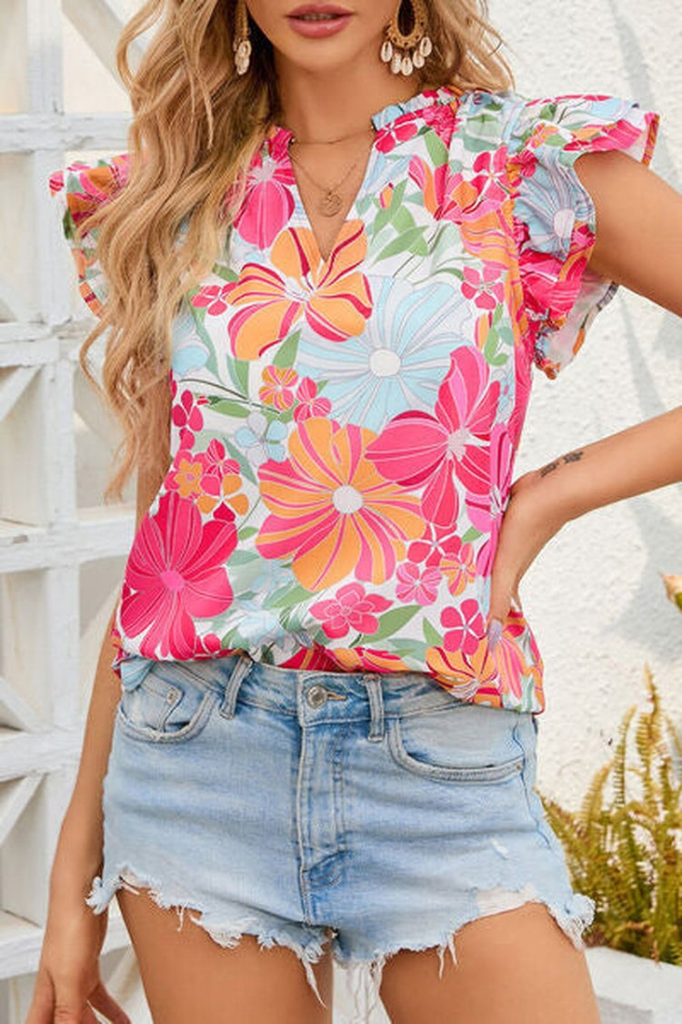 Floral Ruffled Notched Cap Sleeve Blouse - Blouses - FITGGINS