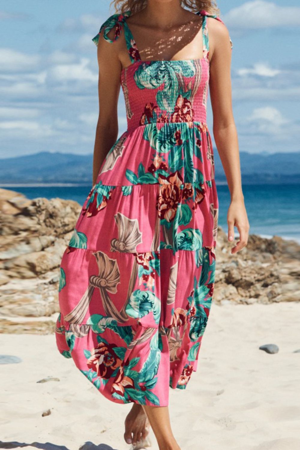 Floral Smocked Tie-Shoulder Tiered Dress - Casual & Maxi Dresses - FITGGINS