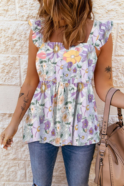 Floral Square Neck Babydoll Top - Blouses - FITGGINS