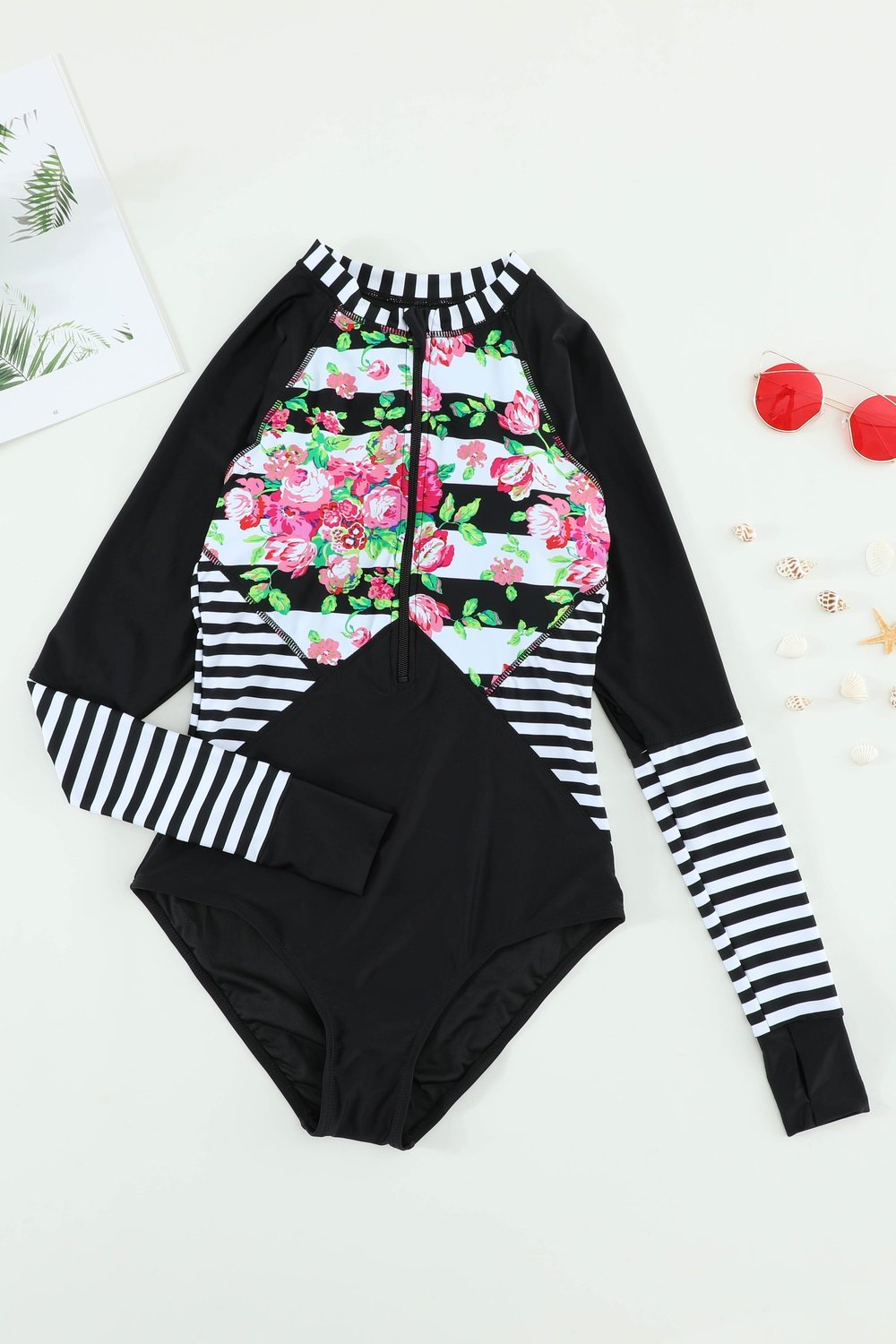 Floral Striped Patchwork Rashguard One-piece - Swimwear One-Pieces - FITGGINS