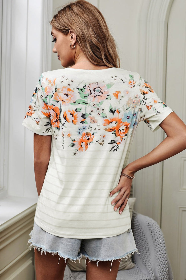 Floral Striped Round Neck T-Shirt - T-Shirts - FITGGINS