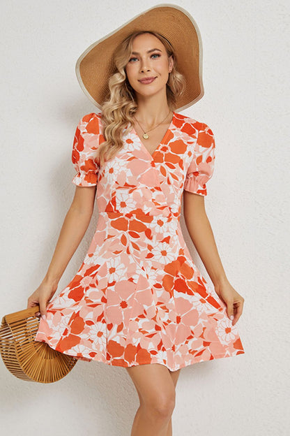 Floral Surplice Neck Flounce Sleeve Dress - Casual & Maxi Dresses - FITGGINS