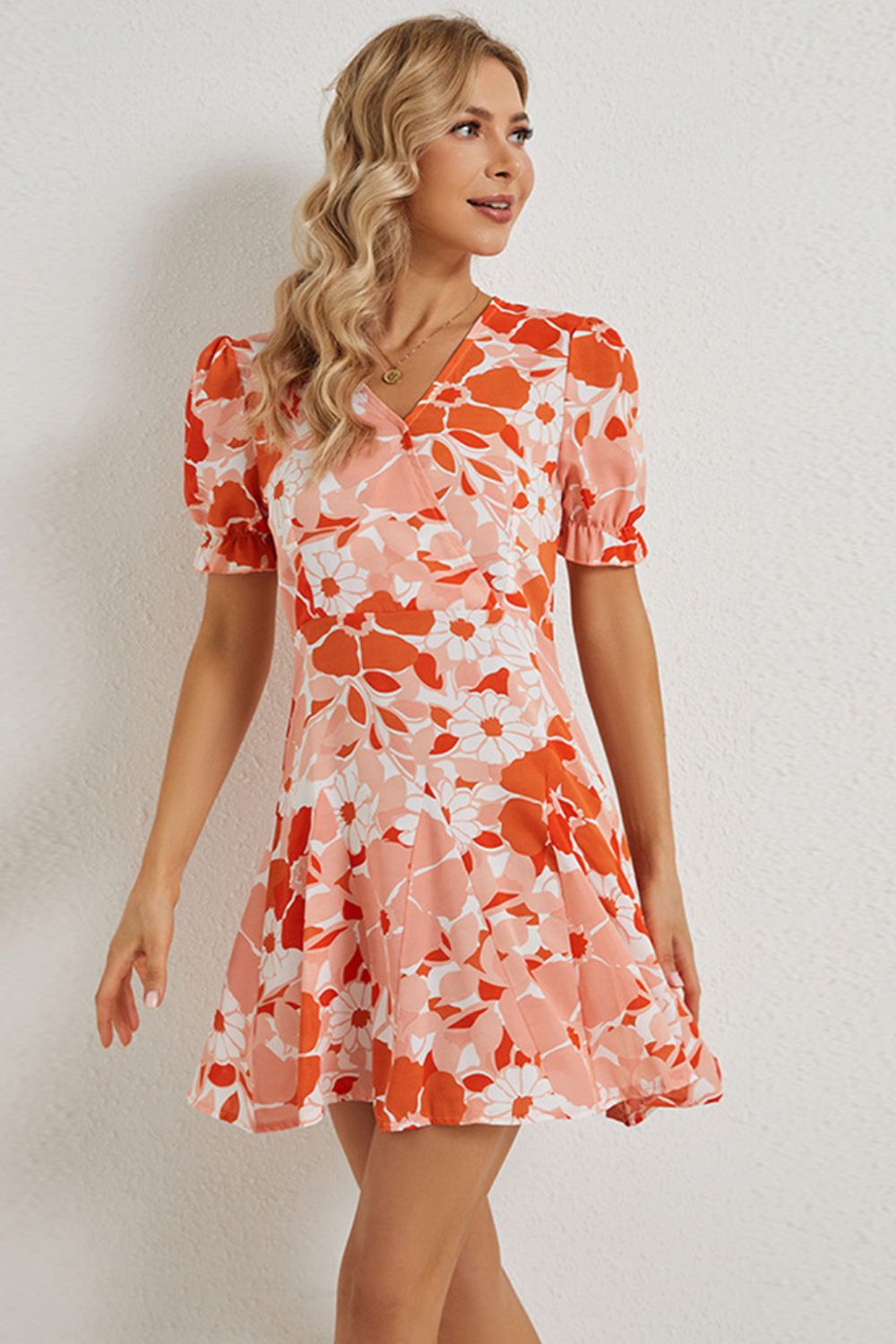 Floral Surplice Neck Flounce Sleeve Dress - Casual & Maxi Dresses - FITGGINS