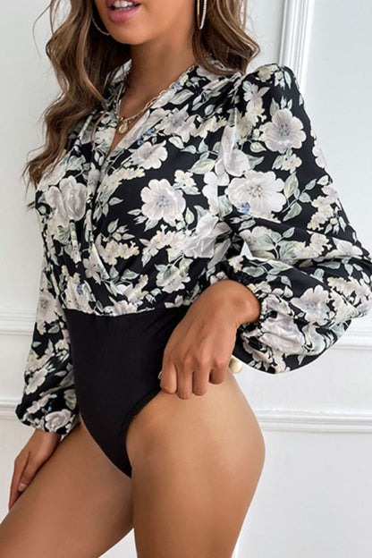 Floral Surplice Neck Puff Sleeve Bodysuit - Bodysuits - FITGGINS